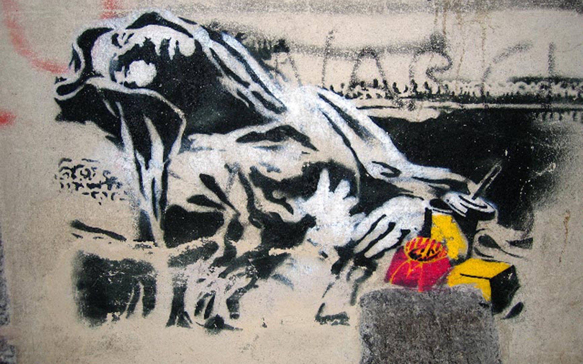 graffiti of a figure with objects