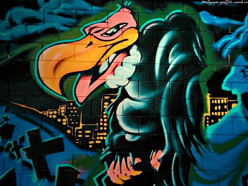 graffiti of bird with cityscape