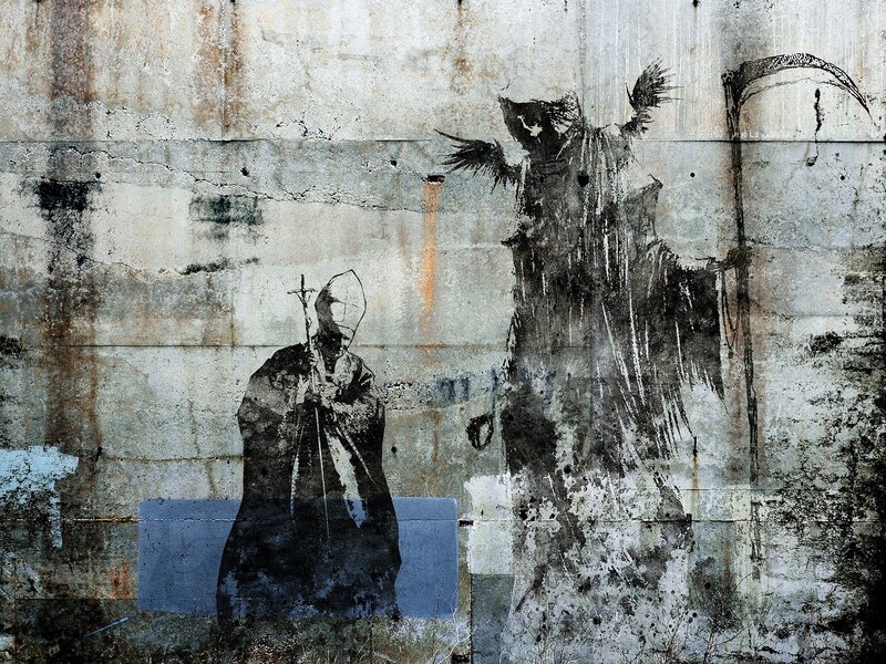 graffiti of grim reaper and monk