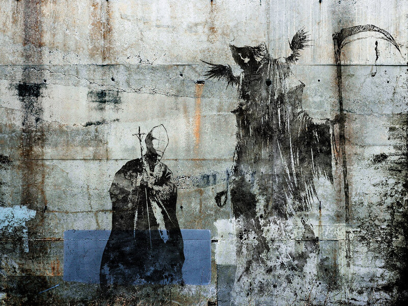 graffiti of grim reaper and priest