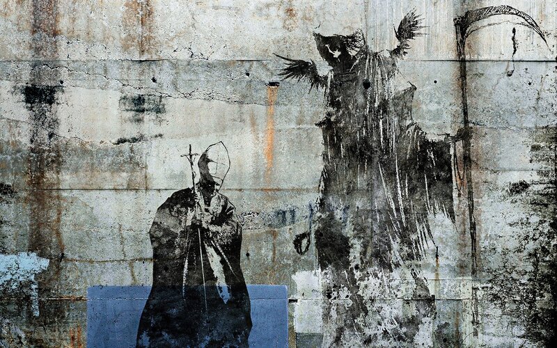 graffiti of priest and grim reaper