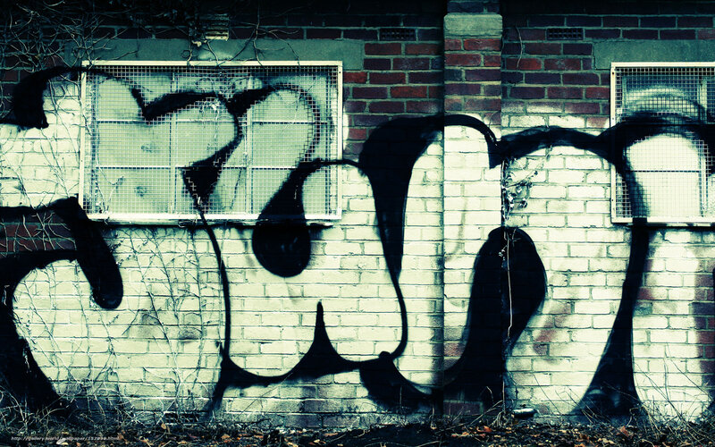 Graffiti on Brick Wall — Black, Dramatic, Photograph