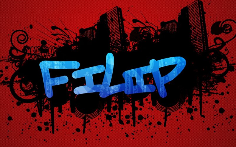 Graffiti-style cityscape with text