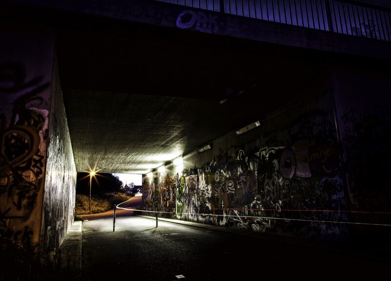 Graffiti tunnel at night