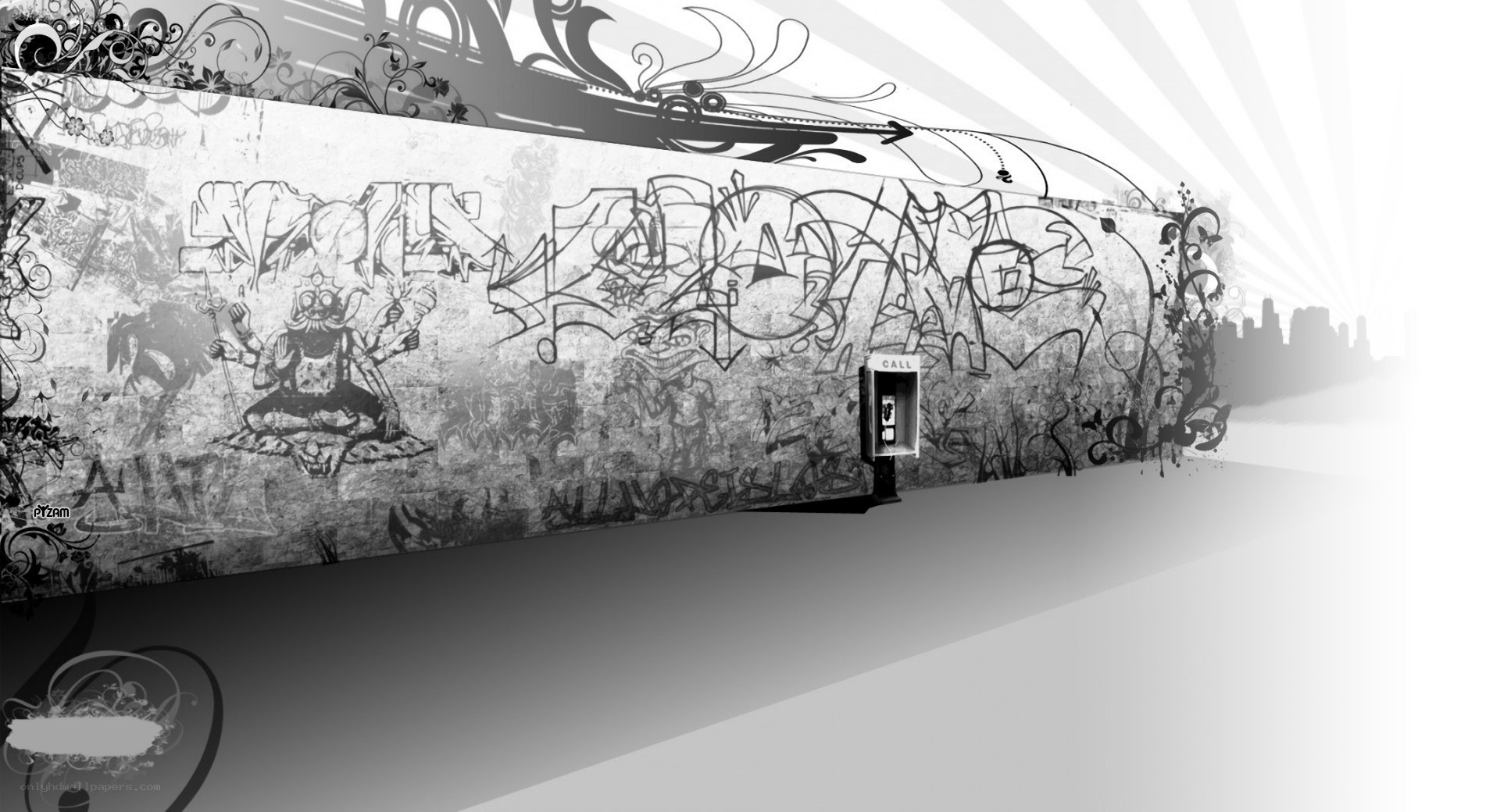 graffiti wall with phone booth