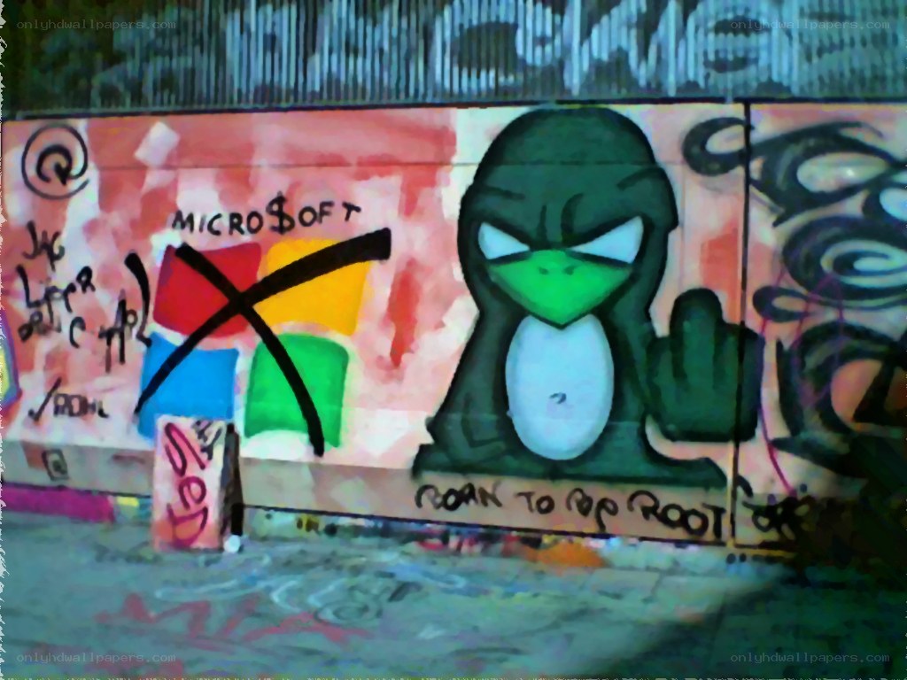 graffiti with penguin and crossed windows logo