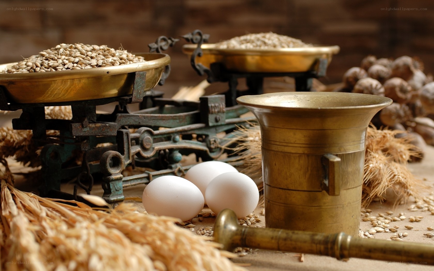 Grains and eggs on scales