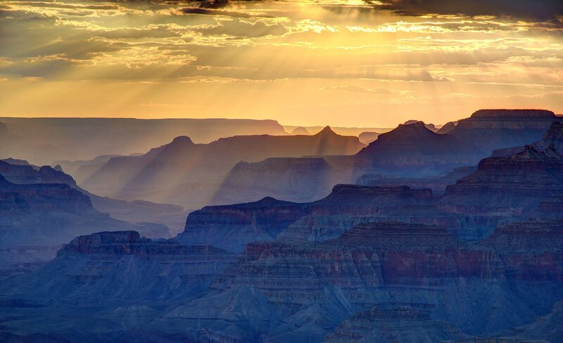 Grand Canyon at Sunset — Orange, Dramatic, Photograph, Mountains, Clouds, Sunlight