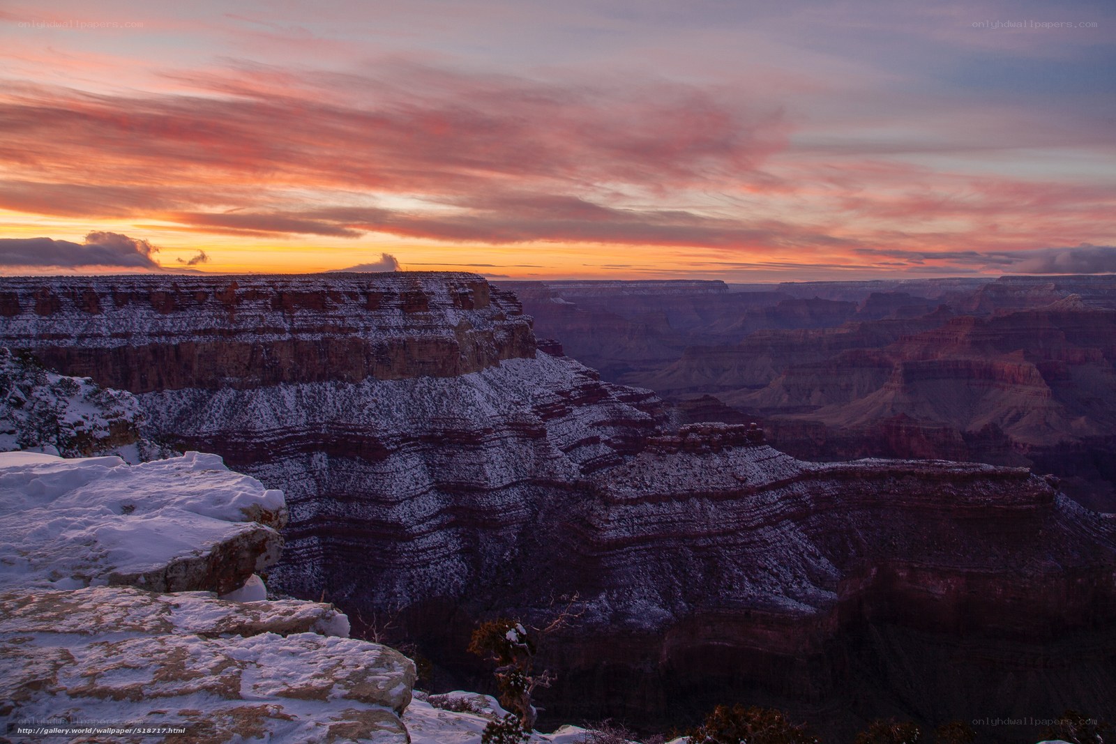 Grand Canyon at sunset with snow