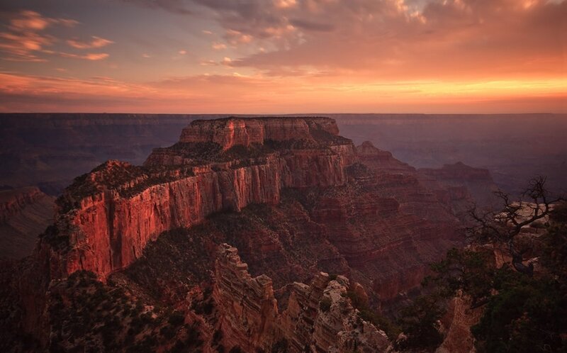 Grand Canyon Cliffs — Orange, Dramatic, Sunset, Photograph, Sky, Clouds, Trees