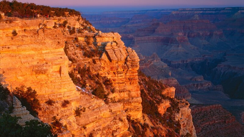 Grand Canyon Cliffs — Orange, Dramatic, Sunset, Photograph, Trees, Sky, Brown