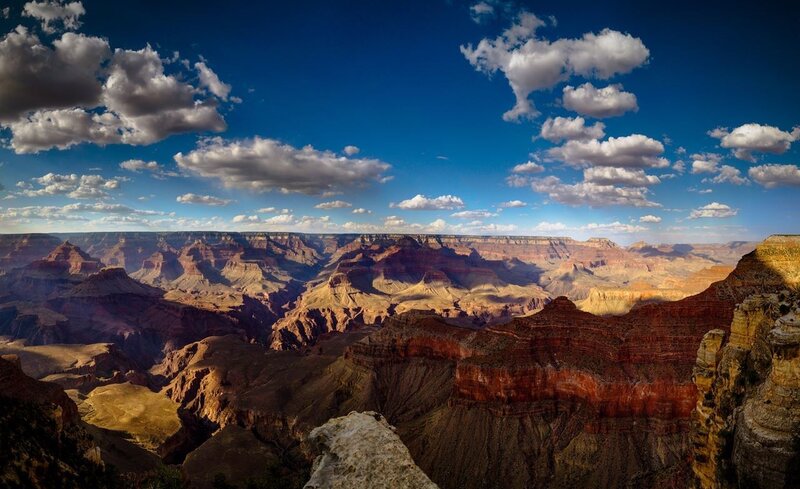 Grand Canyon Landscape — Blue, Dramatic, Afternoon, Photograph, Clouds, Rock Formations