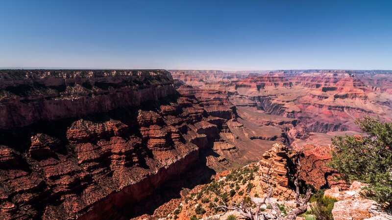 Grand Canyon Landscape — Blue, Serene, Afternoon, Photograph, Rock Formations, Sky, Trees