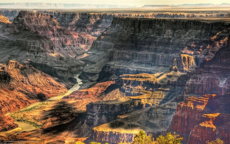 Grand Canyon Landscape — Brown, Dramatic, Sunset, Photograph, River, Cliffs, Trees