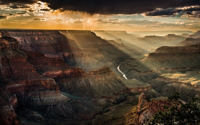 Grand Canyon Landscape — Brown, Dramatic, Sunset, Photograph, River, Clouds, Sunlight