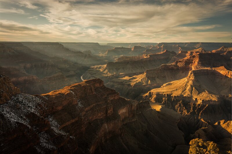 Grand Canyon Landscape — Brown, Dramatic, Sunset, Photograph, River, Clouds, Tree