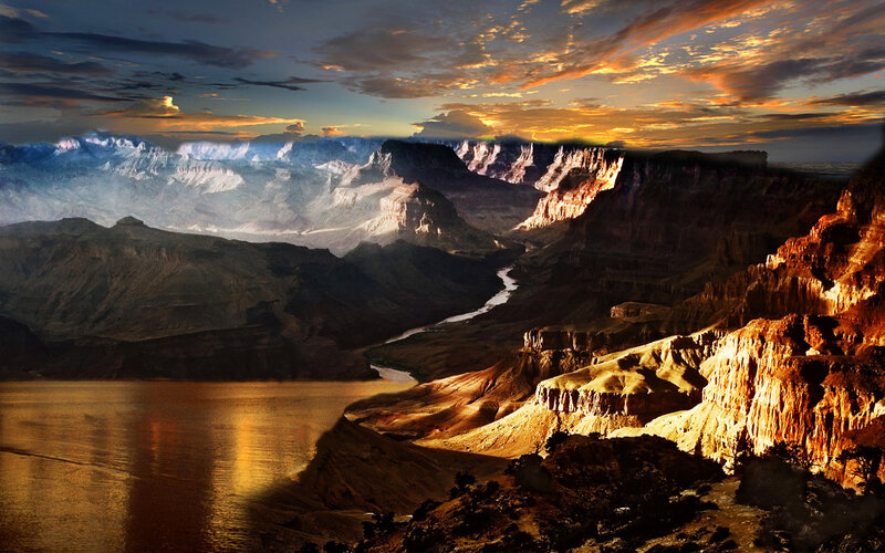 Grand Canyon Landscape — Orange, Dramatic, Sunset, Photograph, River, Mountains, Sky
