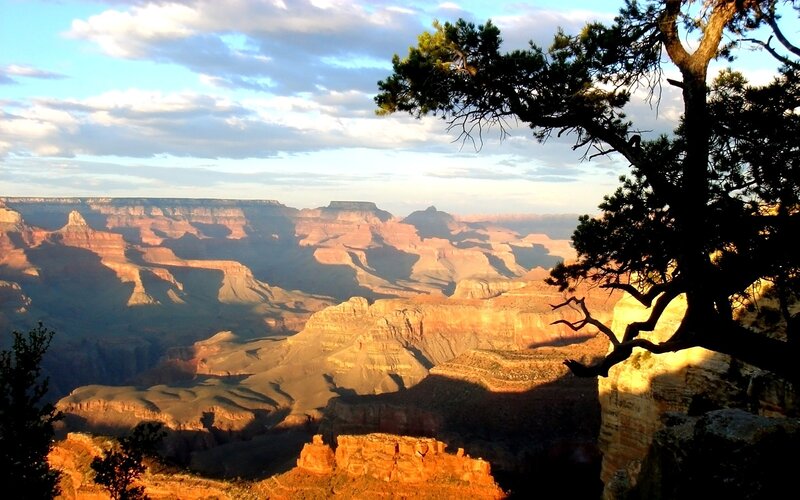 Grand Canyon Landscape — Orange, Dramatic, Sunset, Photograph, Tree, Clouds, Rock Formations