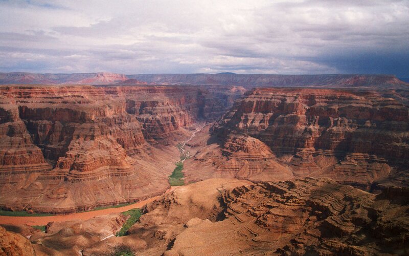 Grand Canyon Landscape — Red, Dramatic, Afternoon, Photograph, River, Cliffs, Sky, Brown, Green