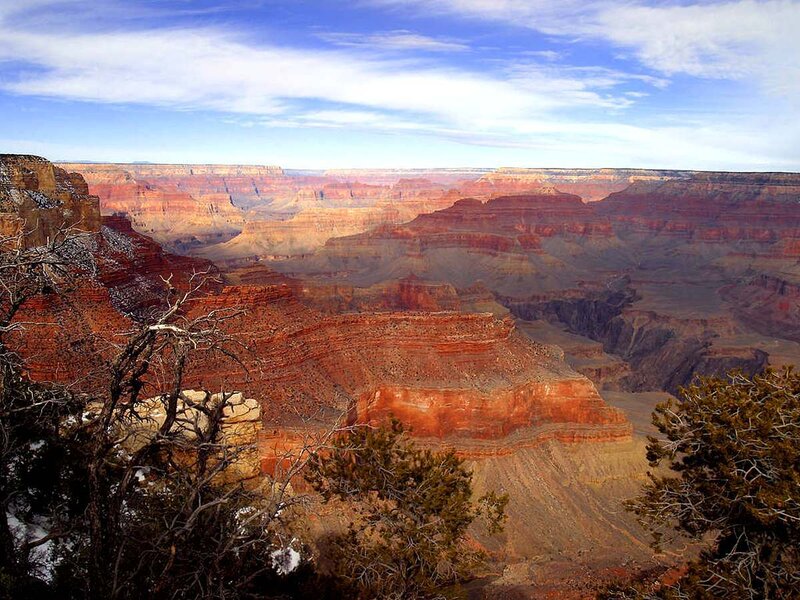 Grand Canyon Landscape — Red, Dramatic, Afternoon, Photograph, Rock Formations, Trees, Sky