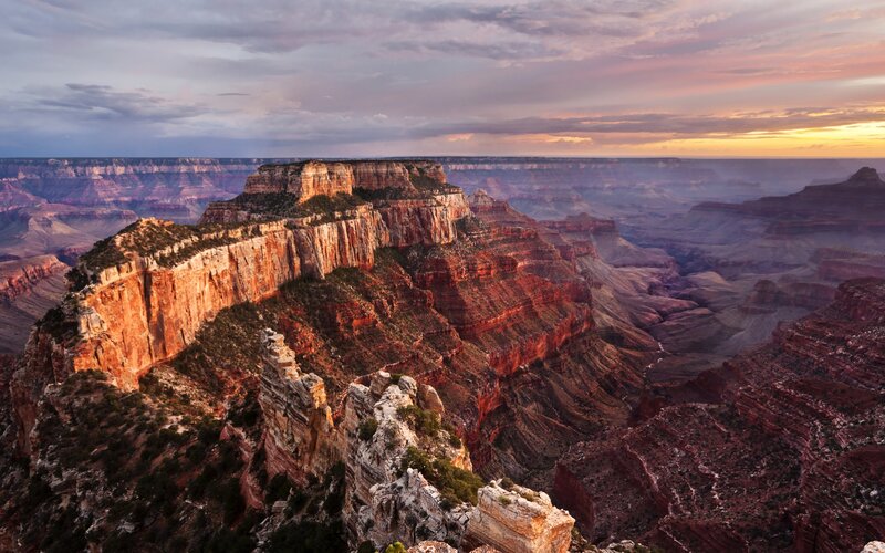 Grand Canyon Landscape — Red, Dramatic, Sunset, Photograph, Cliffs, Sky, Vegetation