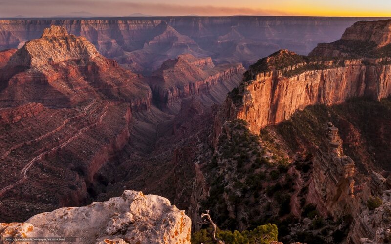Grand Canyon Landscape — Red, Dramatic, Sunset, Photograph, Cliffs, Vegetation