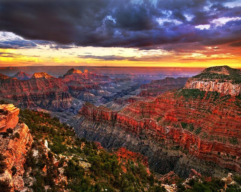 Grand Canyon Landscape — Red, Dramatic, Sunset, Photograph, Mountains, Sky