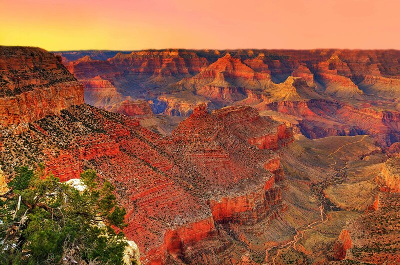 Grand Canyon Landscape — Red, Dramatic, Sunset, Photograph, Rock Formations, Trees