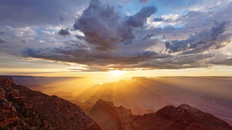 Grand Canyon Sunset — Orange, Dramatic, Photograph, Clouds, Mountains