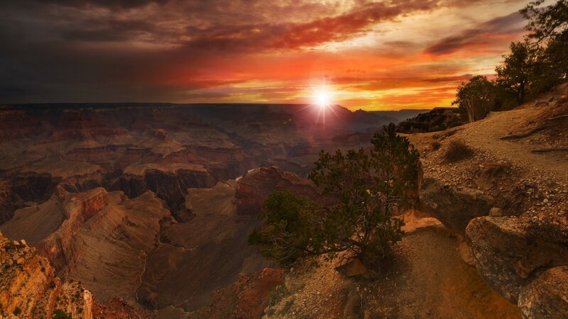 Grand Canyon Sunset — Orange, Dramatic, Photograph, Sun, Clouds, Trees