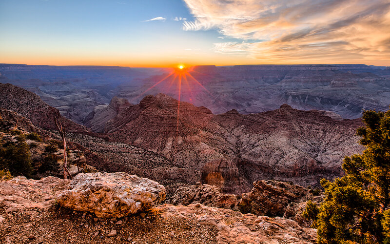 Grand Canyon Sunset — Orange, Dramatic, Photograph, Sun, Mountains, Clouds