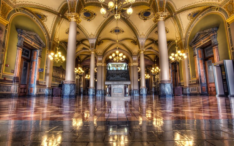 Grand Hall Interior — Gold, Dramatic