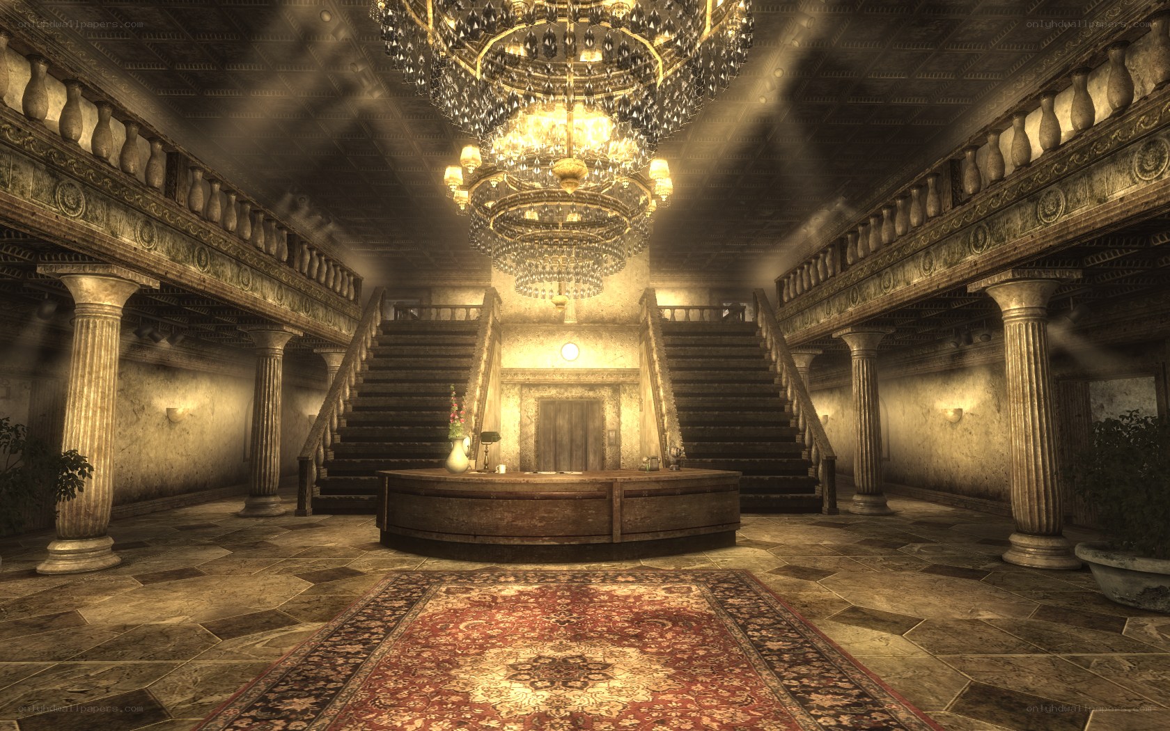 grand hall with chandelier