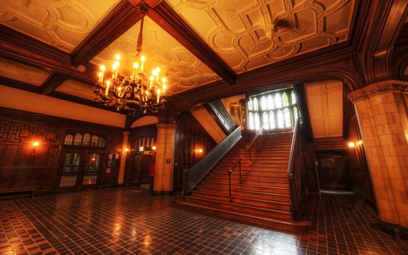 Grand hall with chandelier and staircase