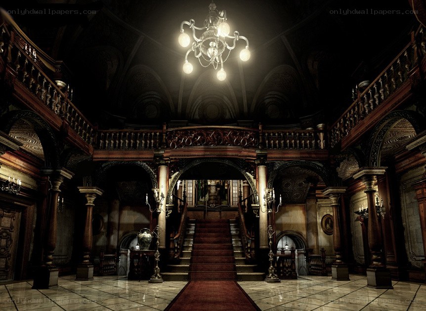 grand hall with chandelier