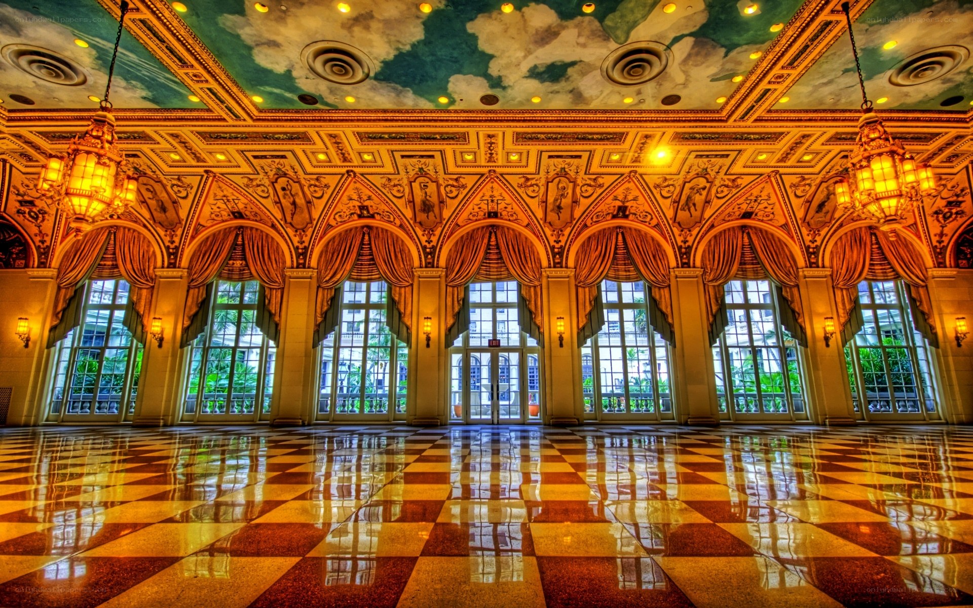 Grand hall with checkered floor