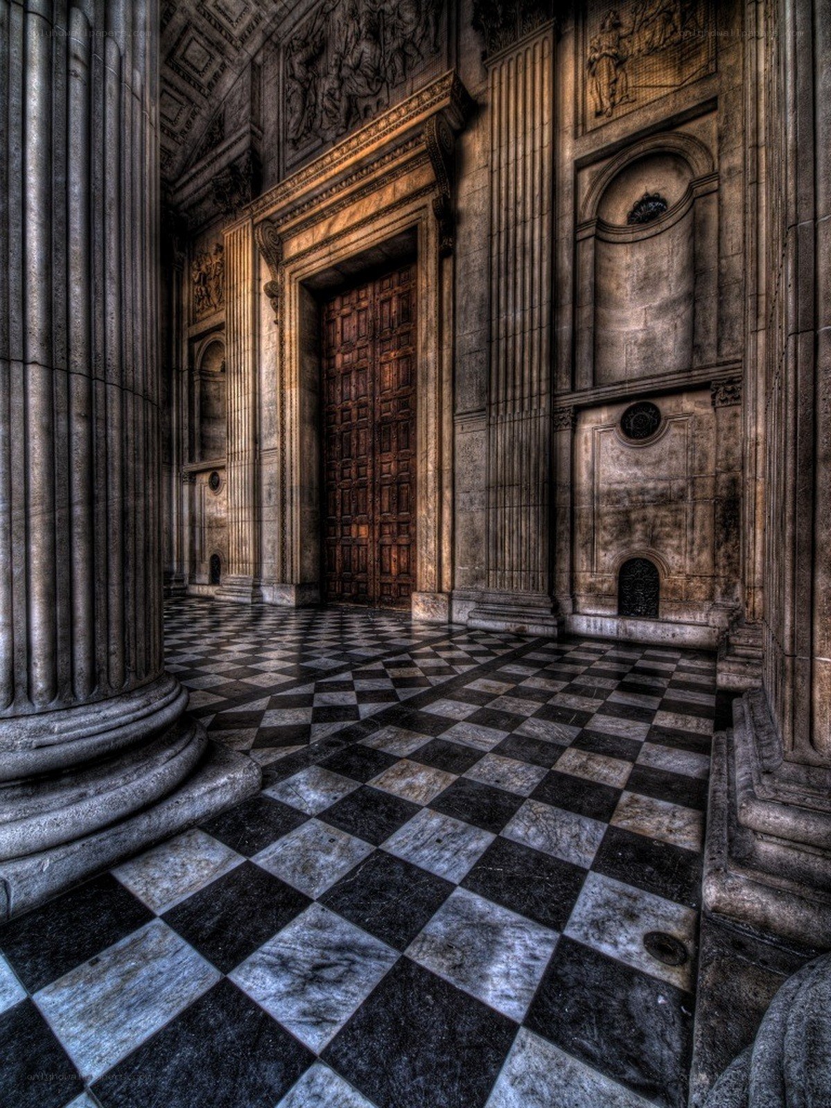 Grand hall with checkered floor