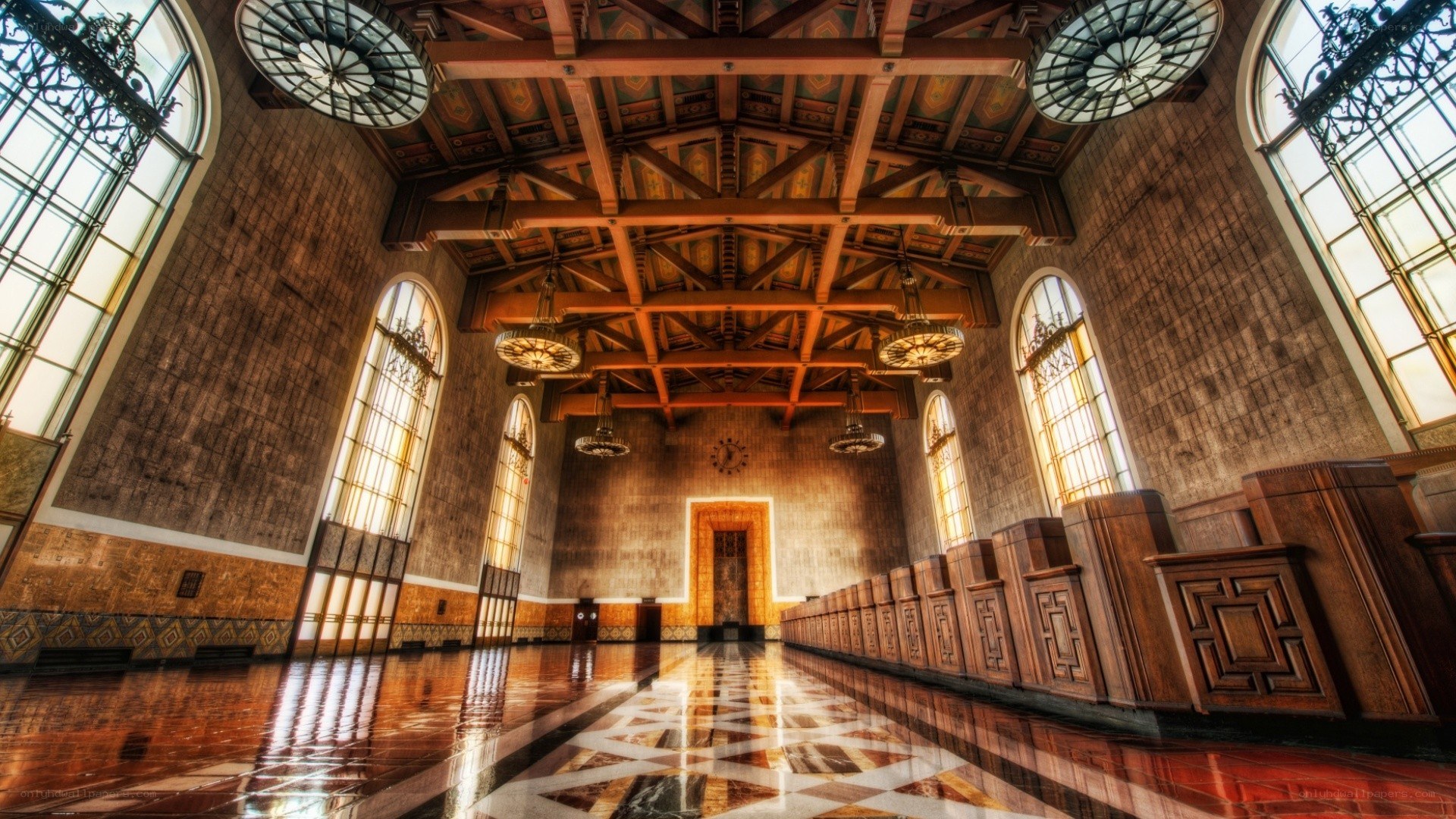 grand hall with ornate ceiling