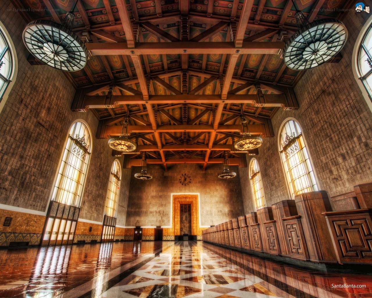 grand hall with ornate ceiling