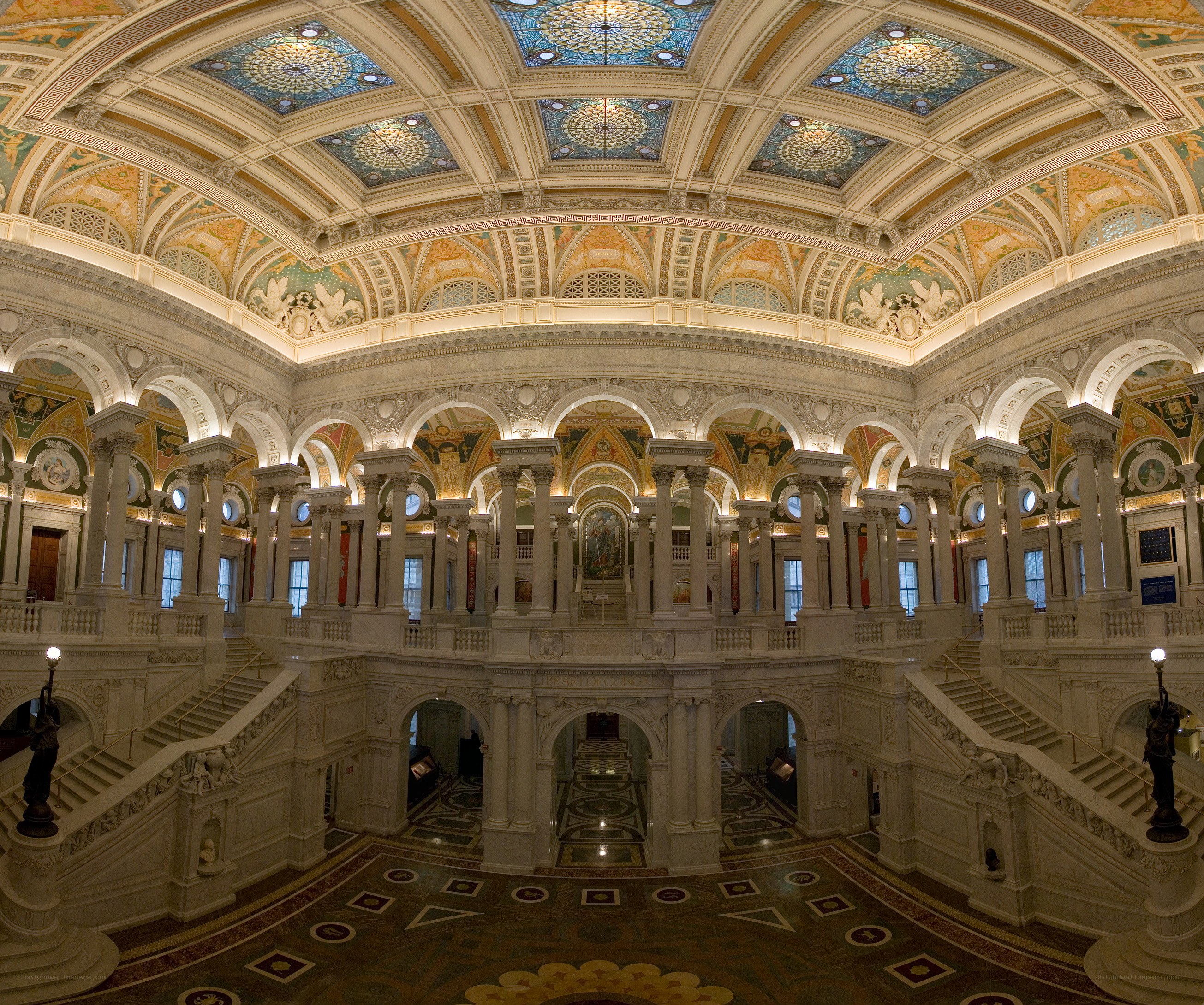 grand hall with ornate ceiling
