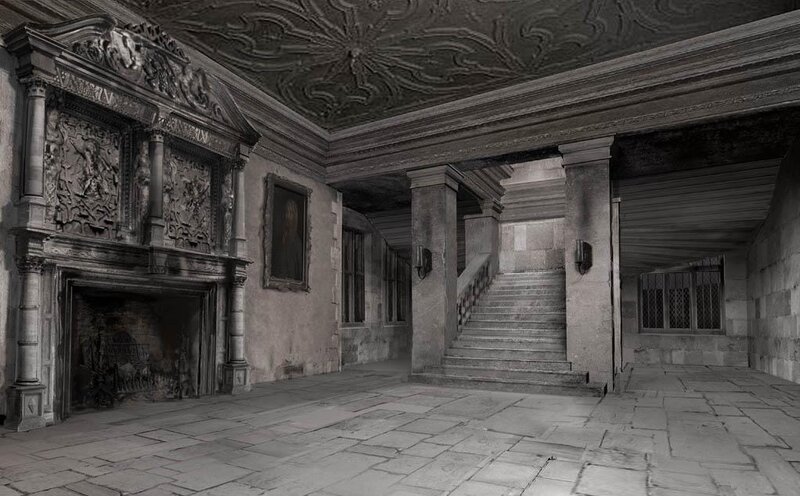 grand hall with ornate fireplace