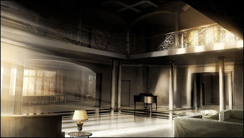 Grand hall with piano and sunlight