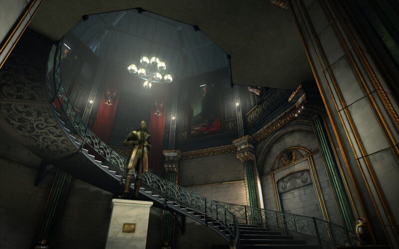 grand hall with statue and staircase