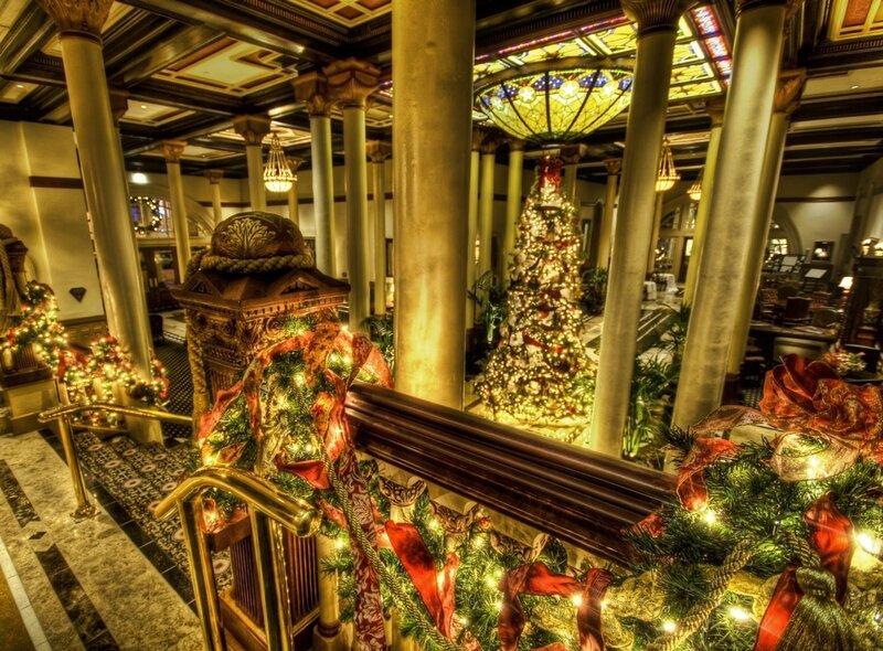 Grand hotel lobby at Christmas