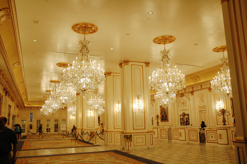 Grand hotel lobby with chandeliers