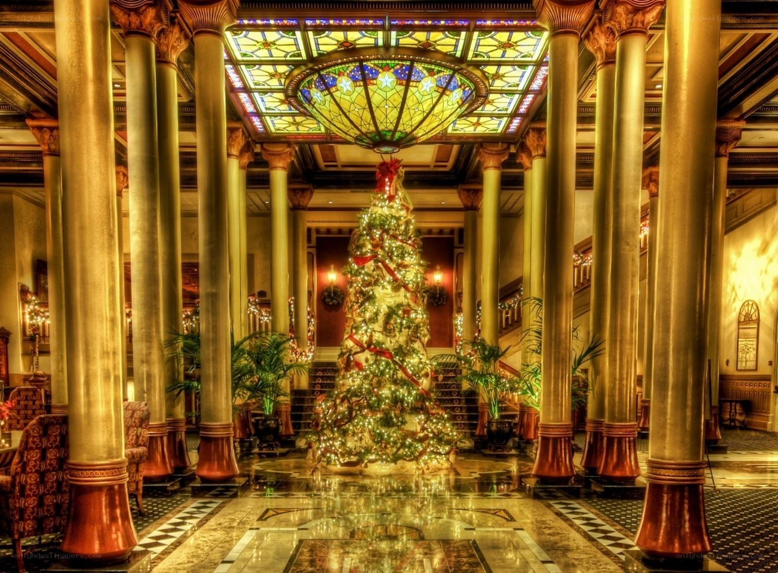 Grand hotel lobby with Christmas tree
