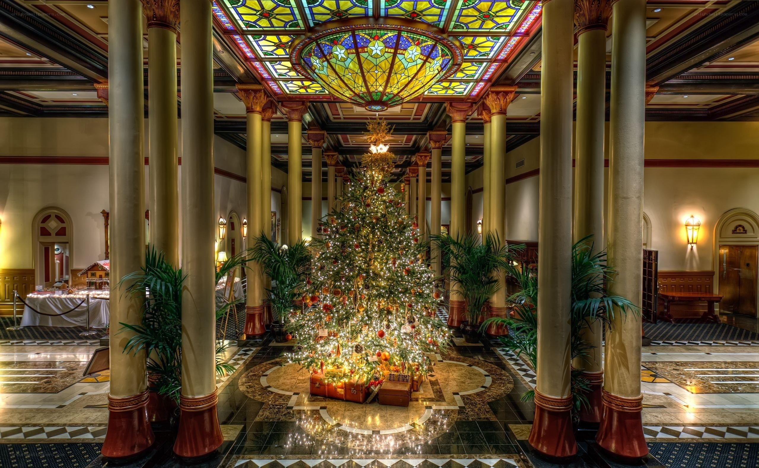 Grand hotel lobby with Christmas tree