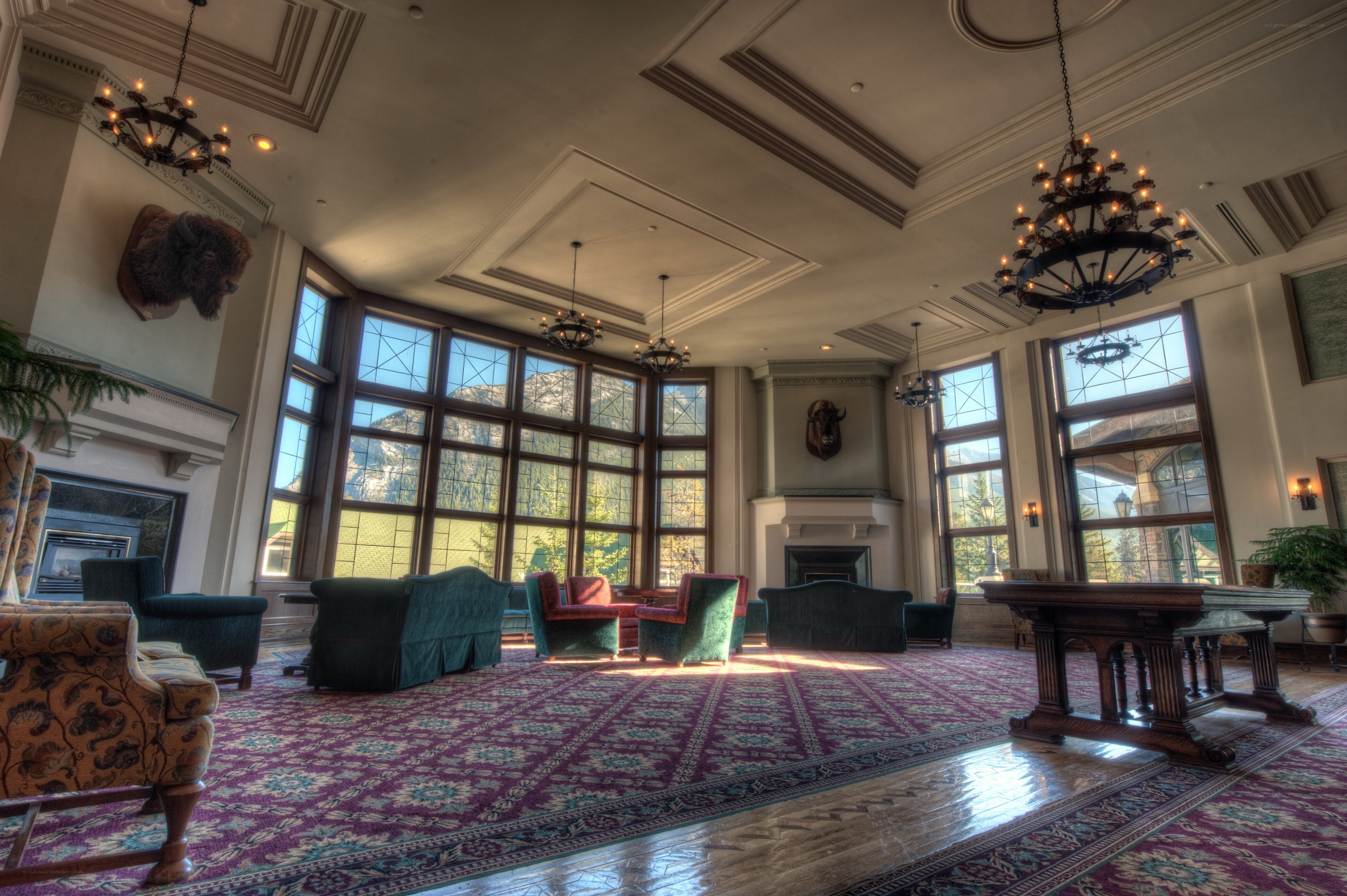 Grand hotel lobby with mountain view