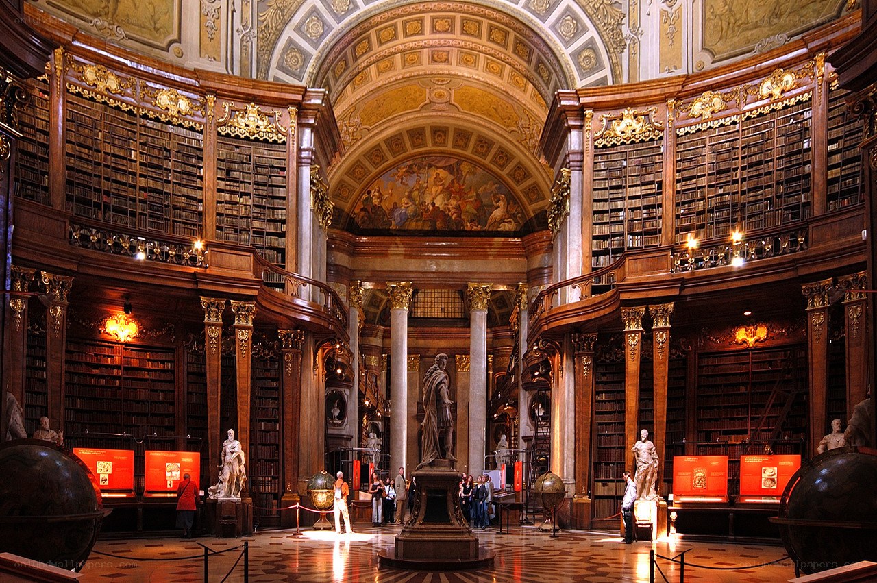 Grand library hall with statues