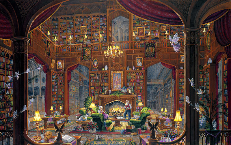 Grand library with fairies